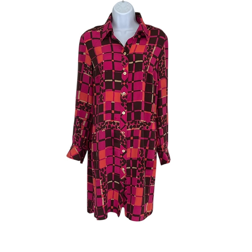 Trina Turk long sleeve   silk dress, red, orange and brown print, size 8.